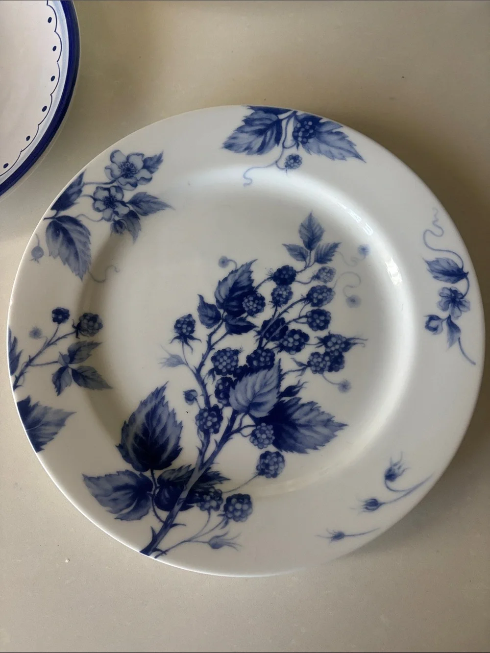 ❤️… Williams Sonoma White Porcelain Plate with Blue Floral Motif